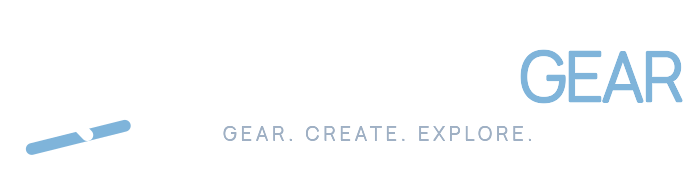Creator Gear logo in white for dark backgrounds: aperture mark with wordmark and tagline