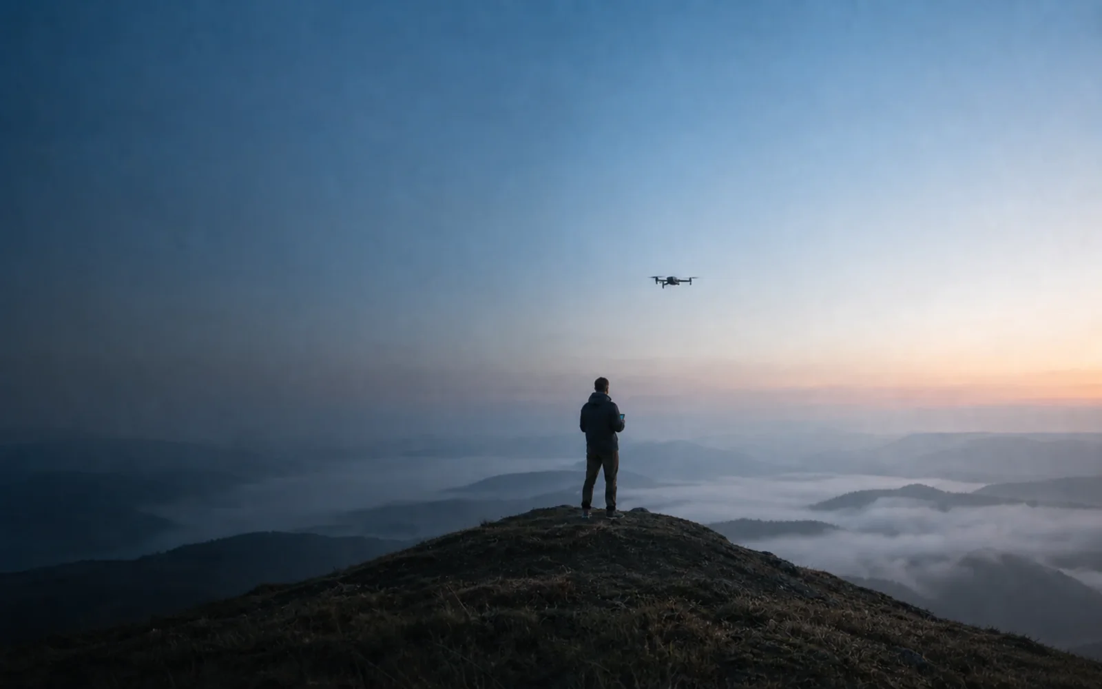 A drone hovering at dawn above a figure standing on a ridge, looking out across a cloud inversion filling the valleys below.
